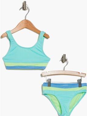 Breaking Waves Aqua, Lime & Blue Ribbed Girls Bikini Set